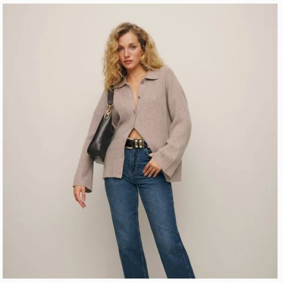 Reformation Fantino Cashmere Collared Cardigan in Oatmeal - Picture 2 of 4